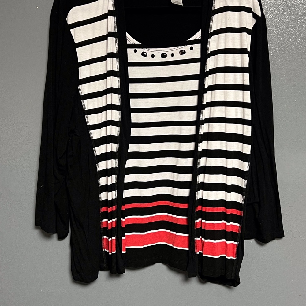 ALFRED DUNNER XL Black and White and Red striped cardigan NWOT
